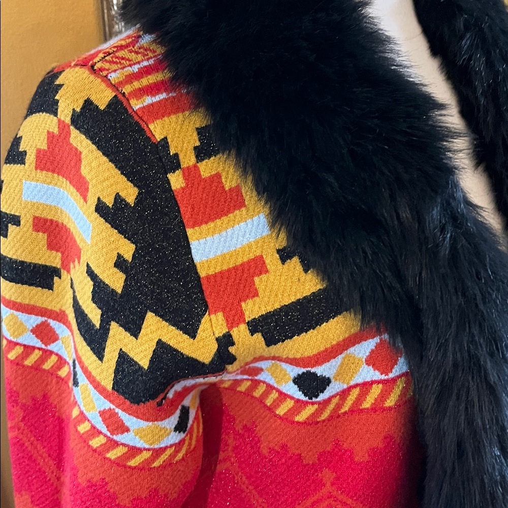 Midnight Velvet Boho Multicolor Penny Lane style Cardigan Coat Black Faux Fur M - Picture 7 of 17
